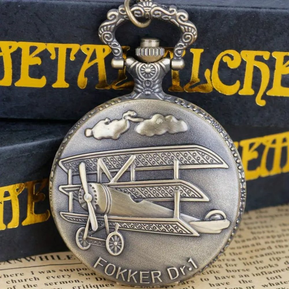Fokker Dr.I Plane Antique Bronze Pocket Watch with Chain Necklace Unique